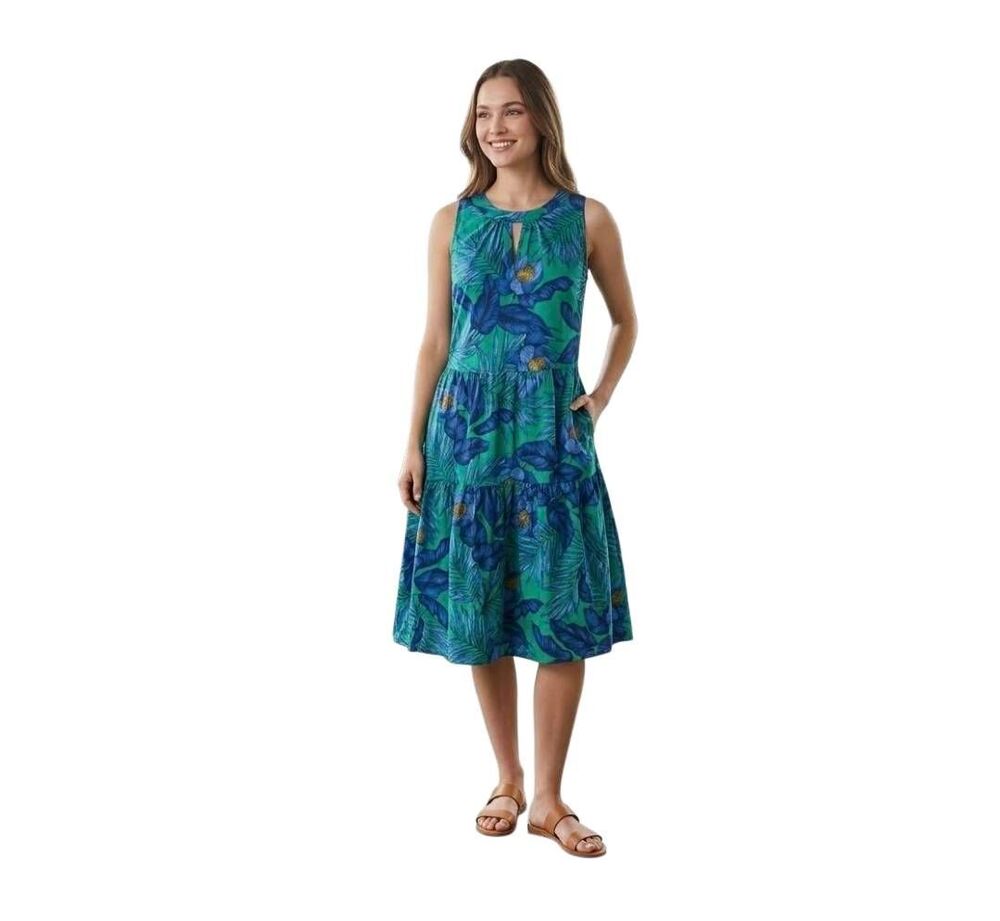 Nautica Tropical Floral Tiered Cotton Midi Dress Green Blue Size 4